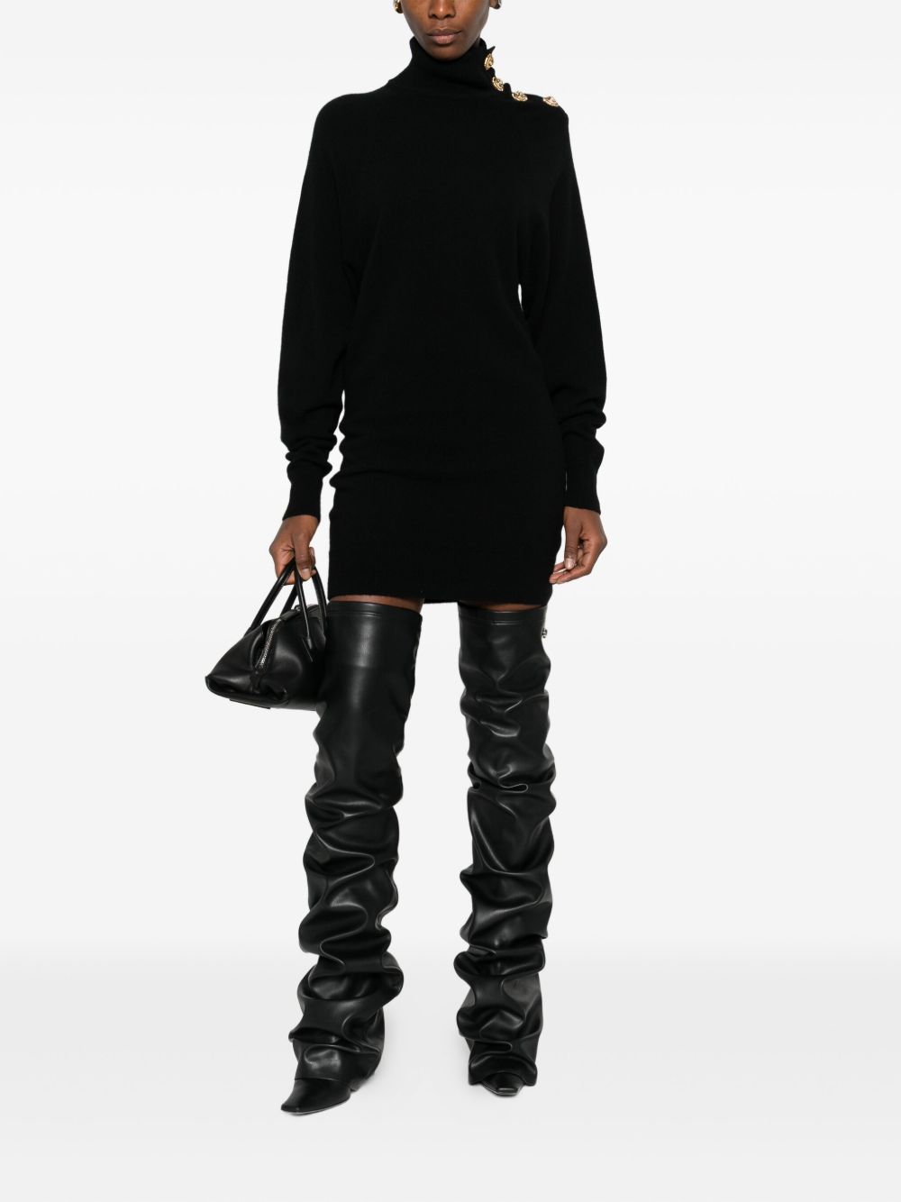 Balmain Black Cashmere-Blend Roll-Neck Button-Embellished Midi Dress Black