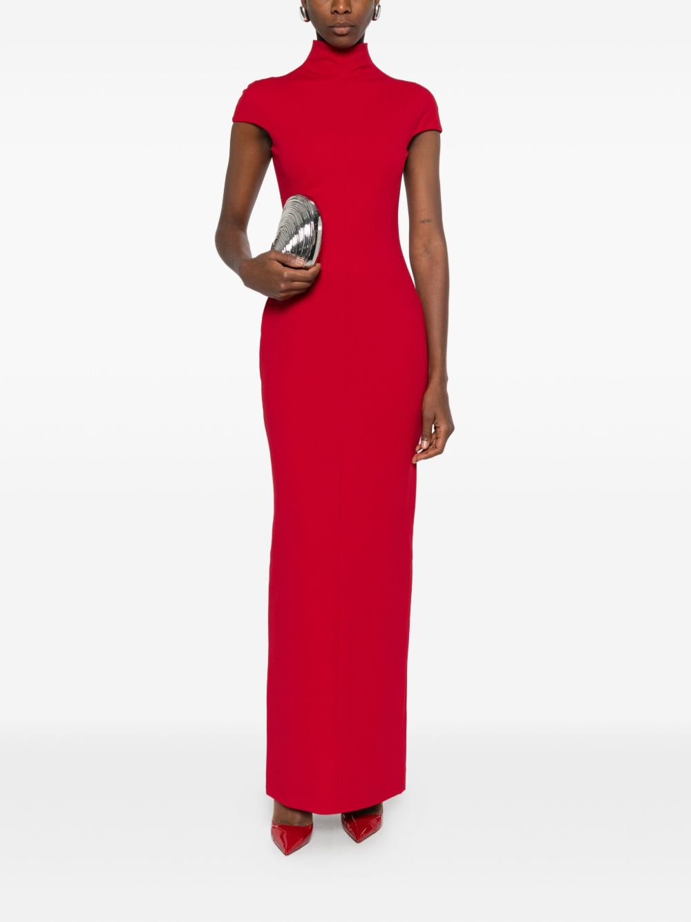 Solace London High Neck Red Maxi Dress with Cap Sleeves Red