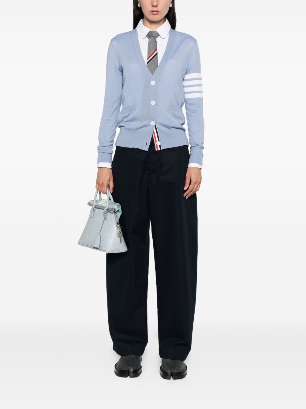 Thom Browne Virgin Wool Cardigan in Clear Blue with V-Neck and Button Fastening Clear Blue