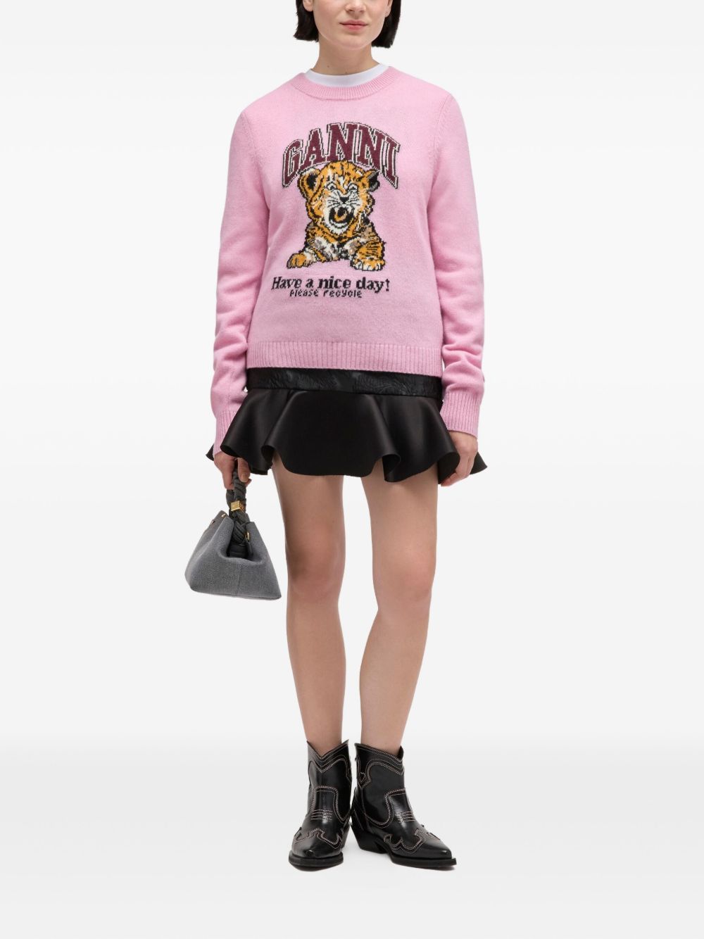Ganni Light Pink Graphic Wool Crewneck Sweater Pink