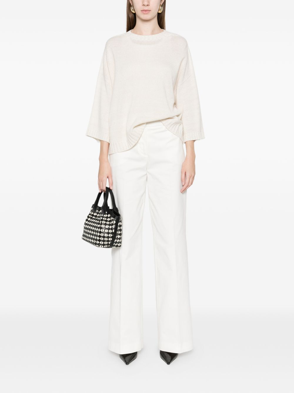 Fabiana Filippi Knitted Wool-Blend Short-Sleeve Sweater Beige