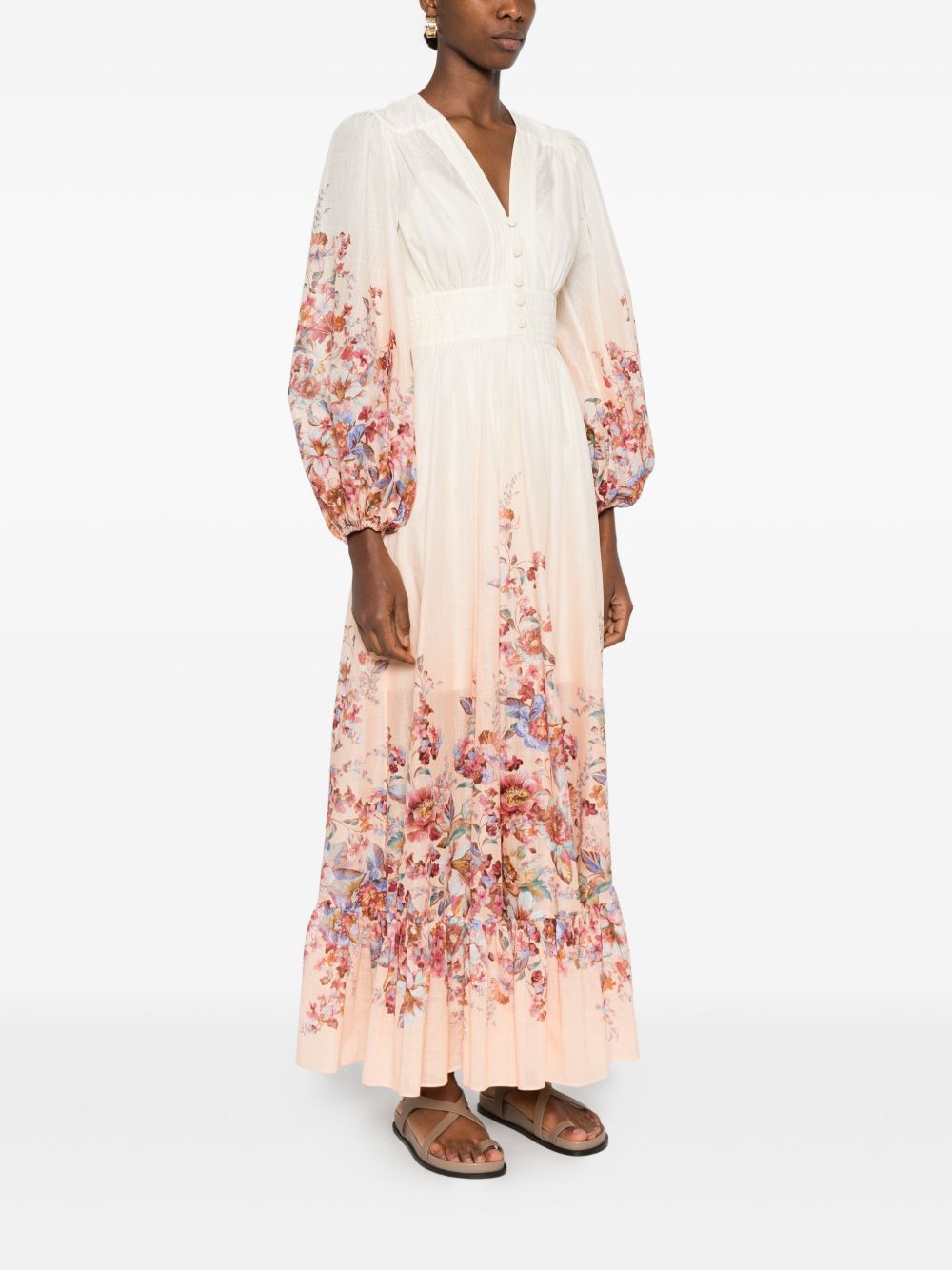 Zimmermann Ivory Floral Cotton Maxi Dress with Button Fastening and Long Sleeves Ivory