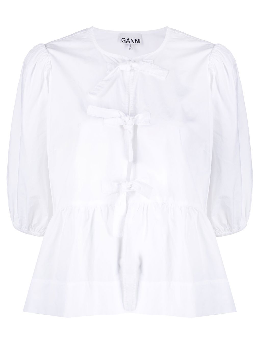 Ganni Organic Cotton Peplum Poplin Tie-Front Blouse White