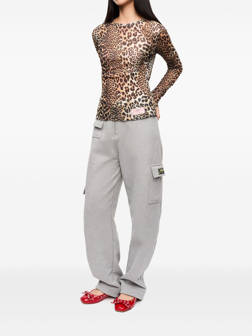 Ganni Leopard Print Crew Neck Top Brown