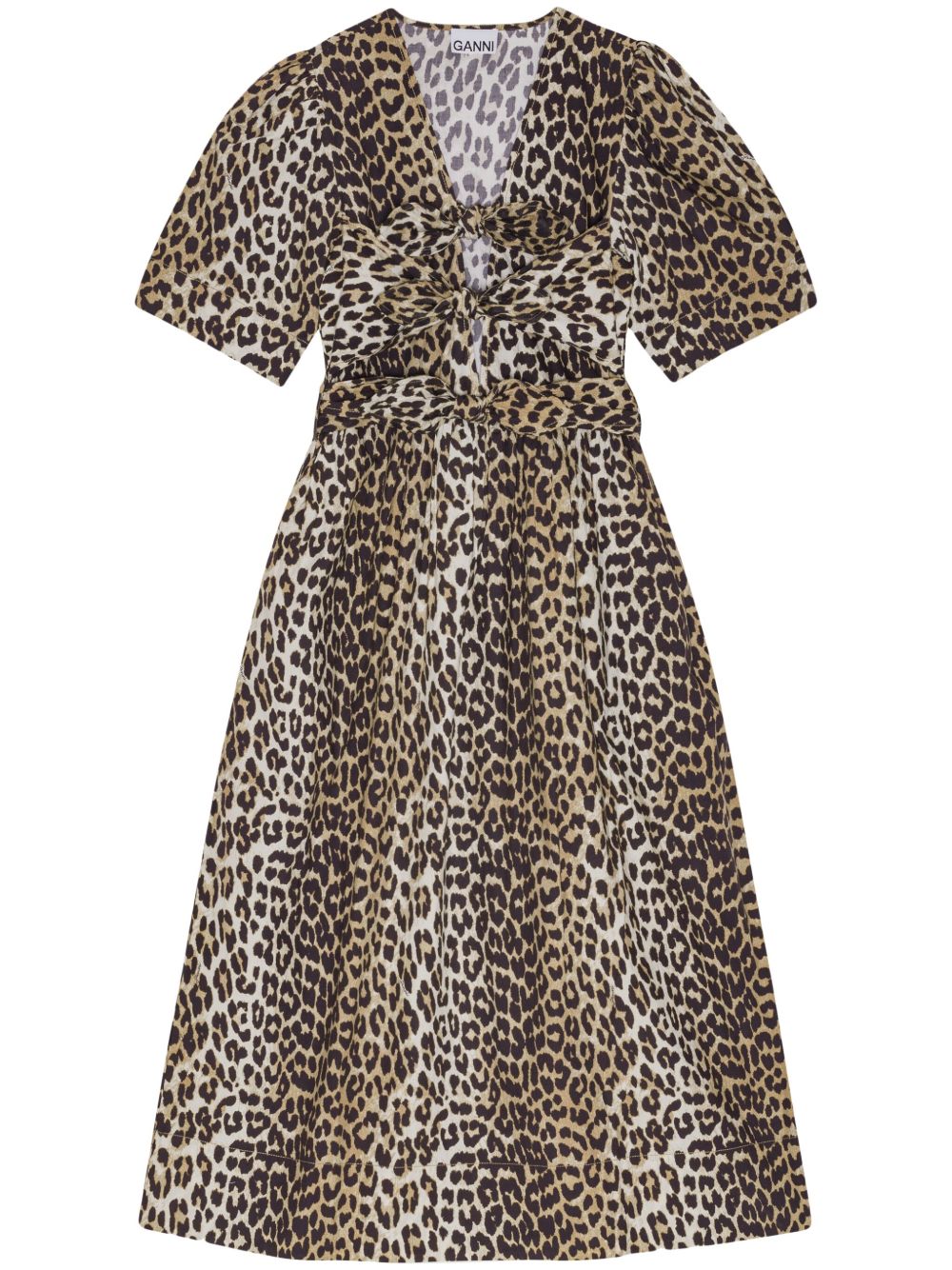Ganni Plunging V-Neck Puff Sleeve Organic Cotton Midi Dress Brown brown