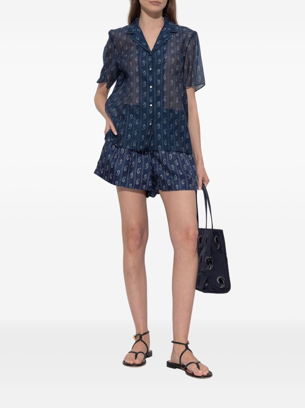 Tory Burch Paisley Print Cotton-Silk Short-Sleeved Shirt Blue