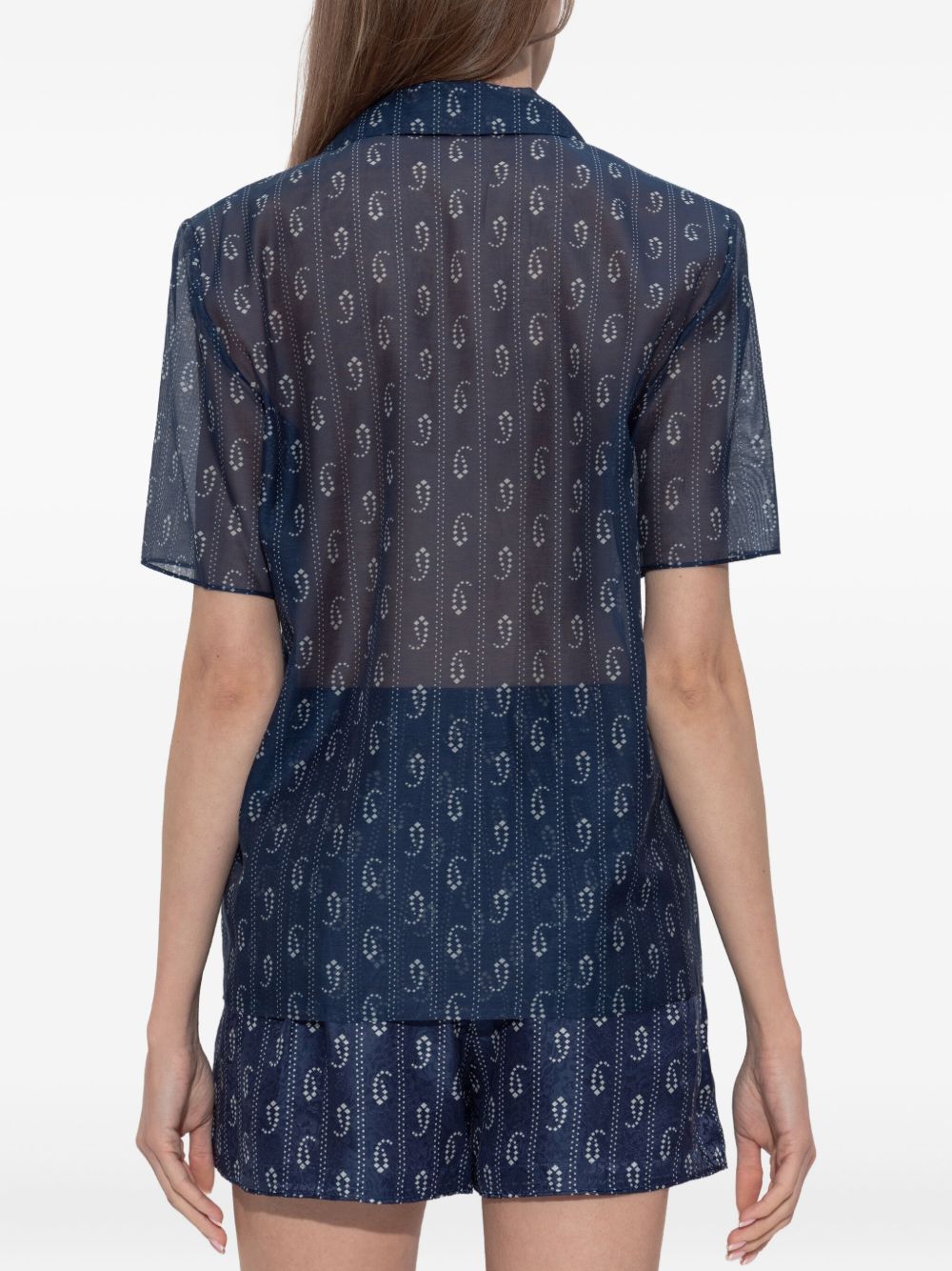 Tory Burch Paisley Print Cotton-Silk Short-Sleeved Shirt Blue