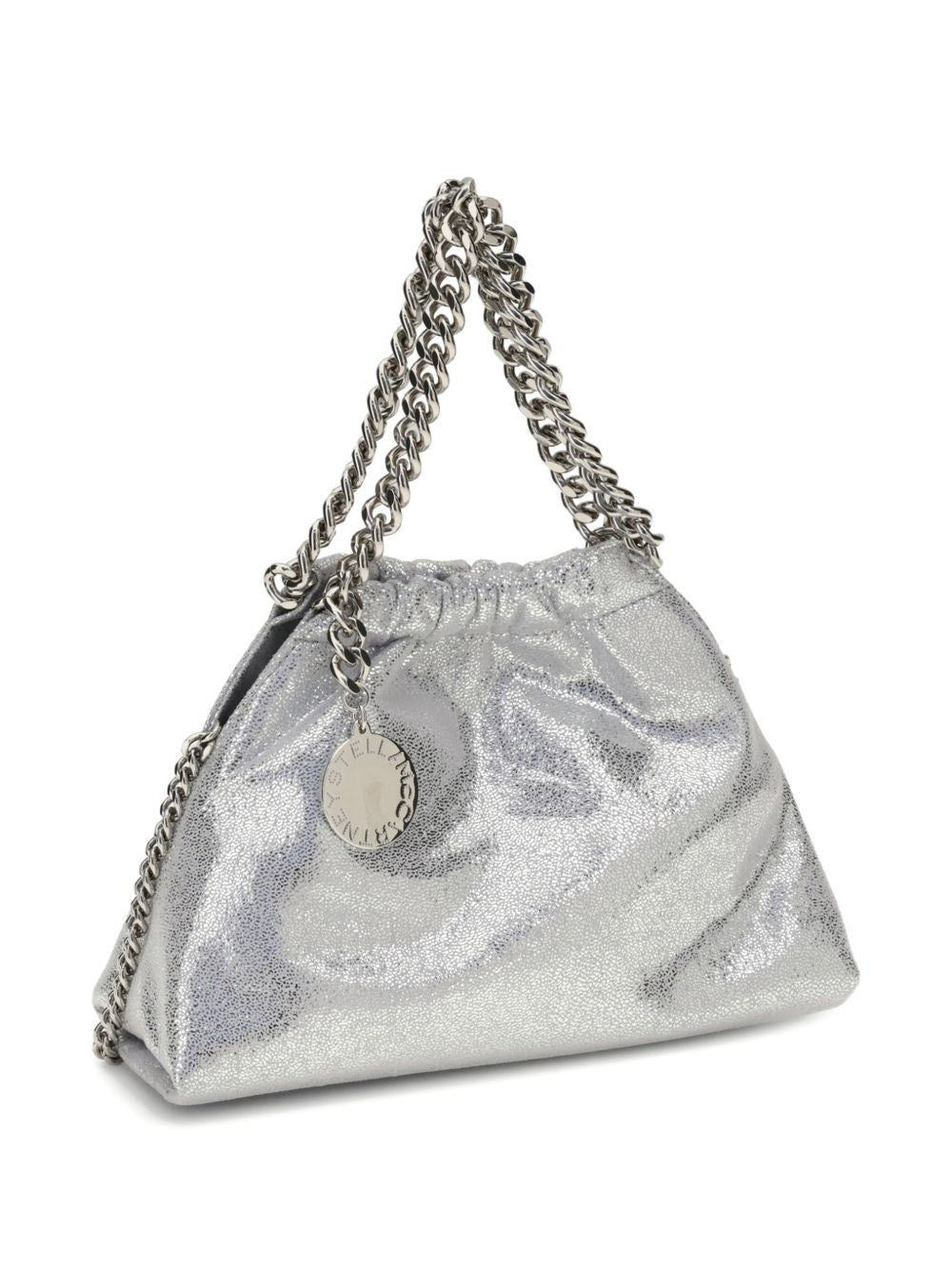 Stella McCartney Falabella Mini Drawstring Tote with Silver Chain and Logo Medallion - Silver Silver