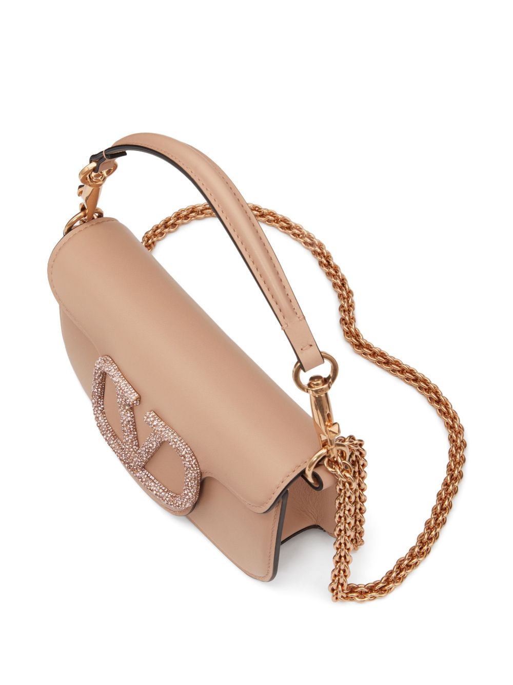 Valentino Garavani VLogo Signature Swarovski Crystal-Embellished Small Pink Leather Shoulder Bag Pink