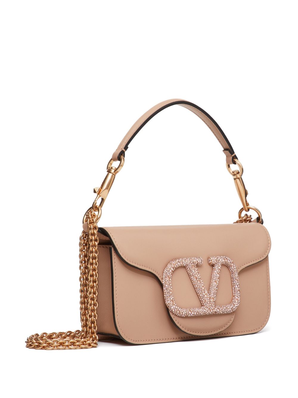 Valentino Garavani VLogo Signature Swarovski Crystal-Embellished Small Pink Leather Shoulder Bag Pink