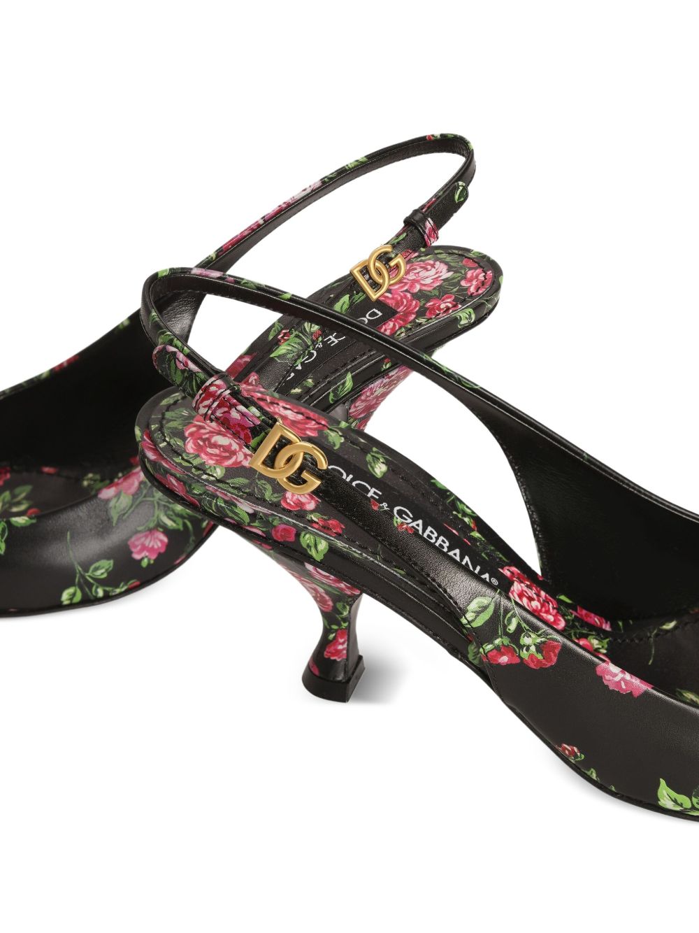 Dolce & Gabbana Lollo Floral-Print Calf Leather Slingback Pumps Black Black