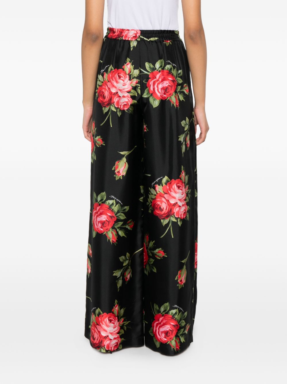 Dolce & Gabbana Floral Silk Wide-Leg Trousers Black