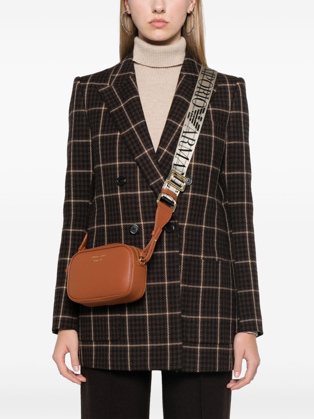 Emporio Armani Logo Debossed Leather Camera Bag Leather Brown