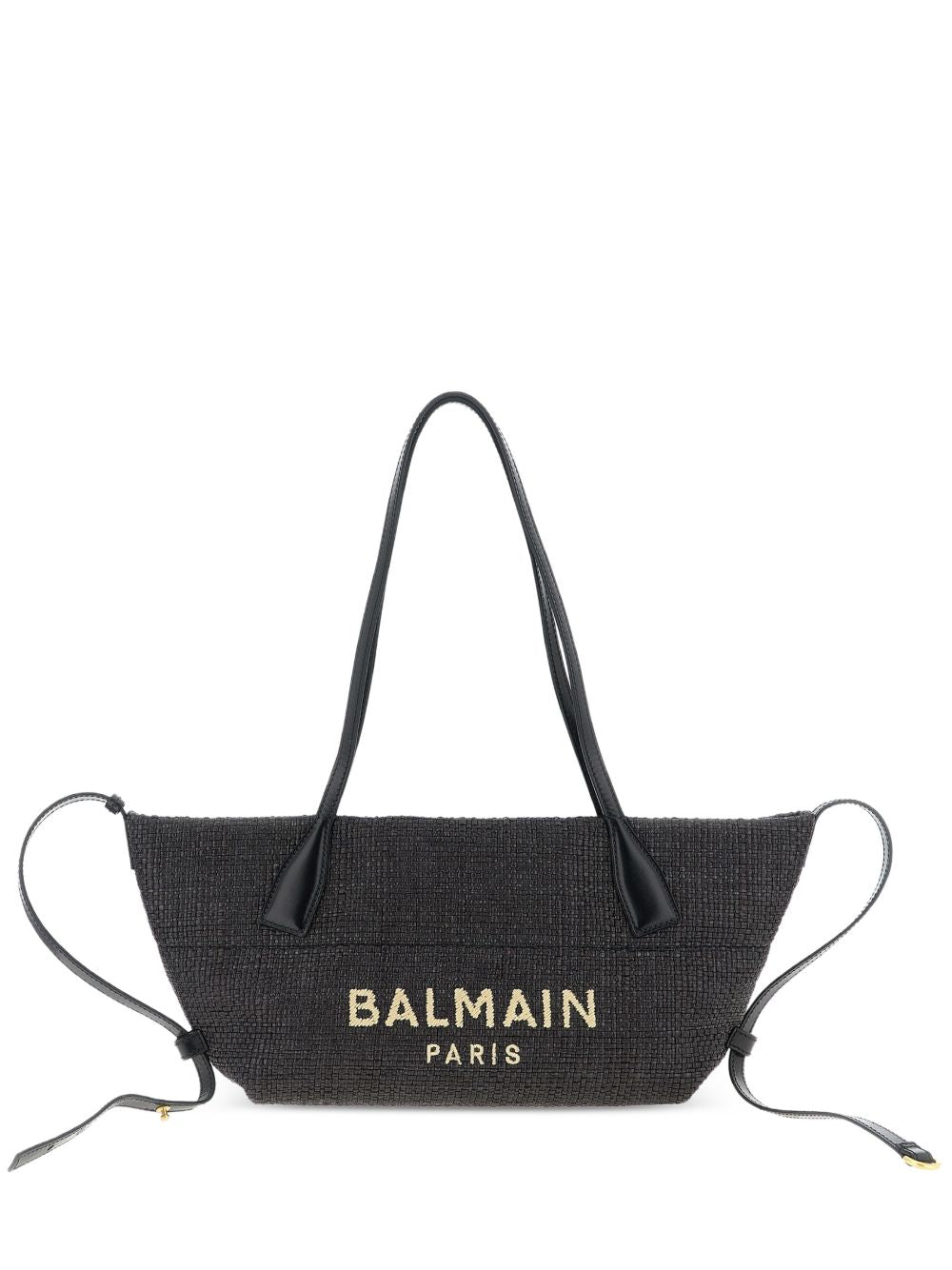 Balmain Track Small Raffia Tote Black