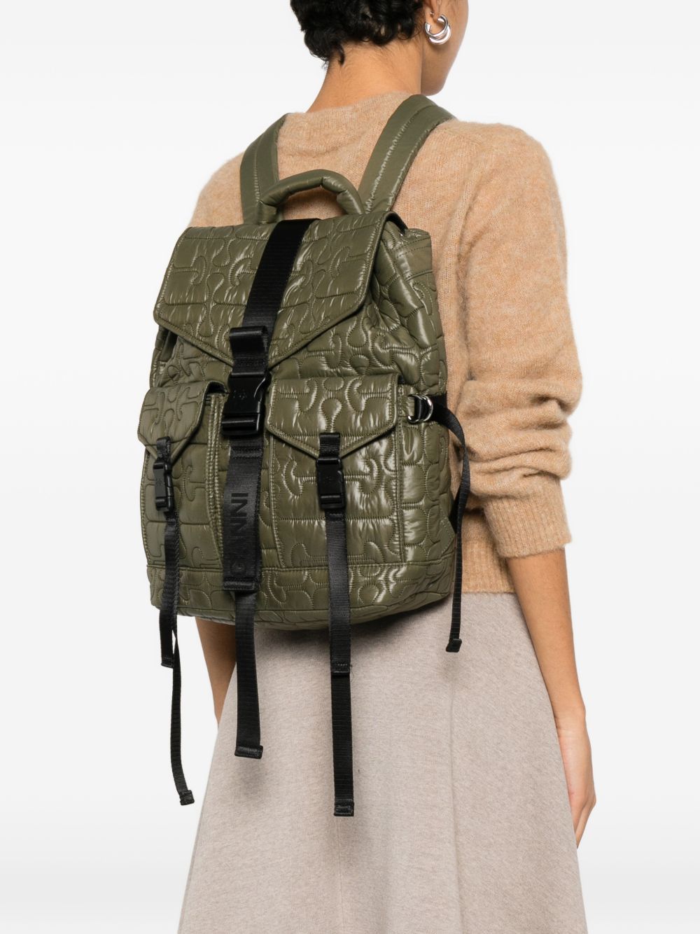 Ganni Quilted Flap-Pocket Backpack - Green