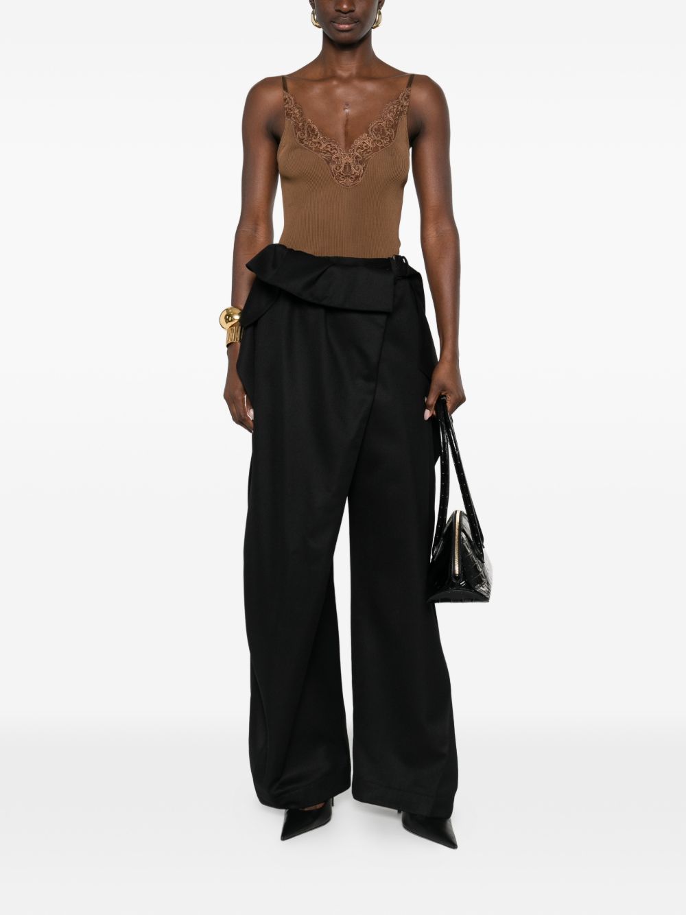 Saint Laurent Ribbed Lace Silk Camisole Brown brown