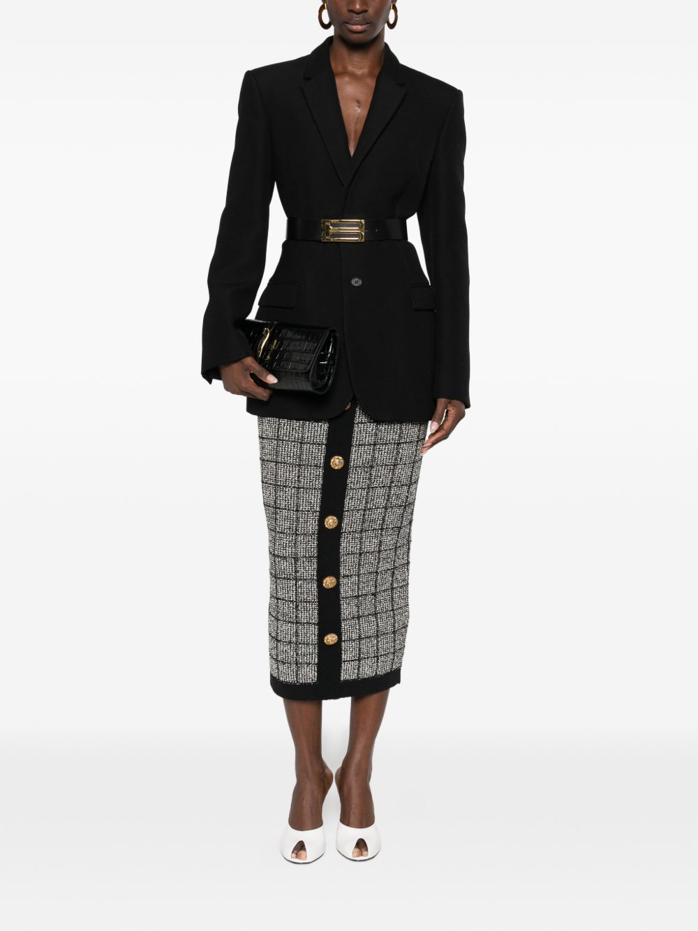 Balmain Checked Tweed High-Waist Skirt Black