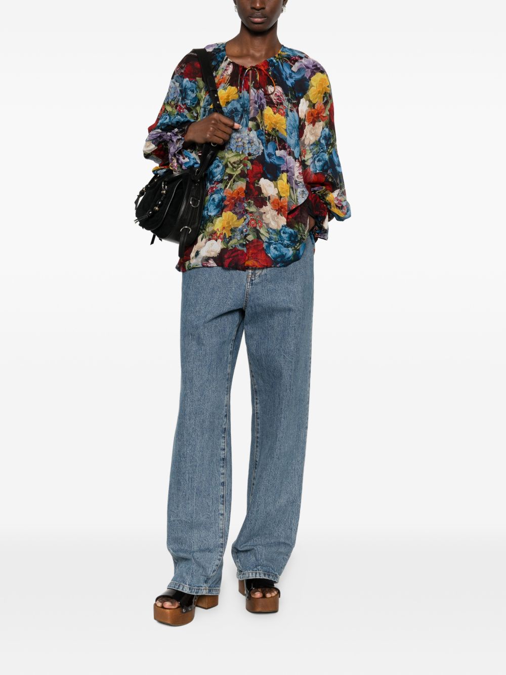 Alice + Olivia Floral Print Ruffled Blouse Blue
