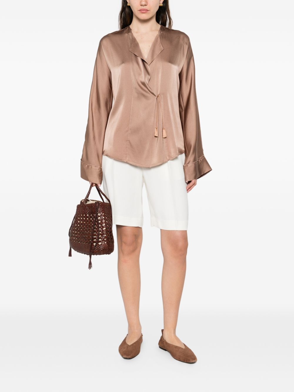 Forte Forte Silk Satin V-Neck Shirt Brown