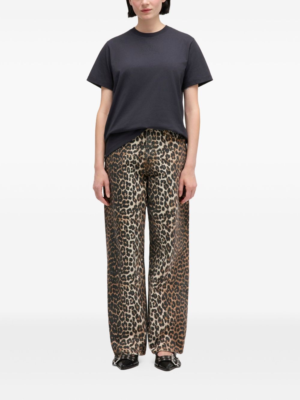 Ganni Leopard Print Denim Jeans Brown