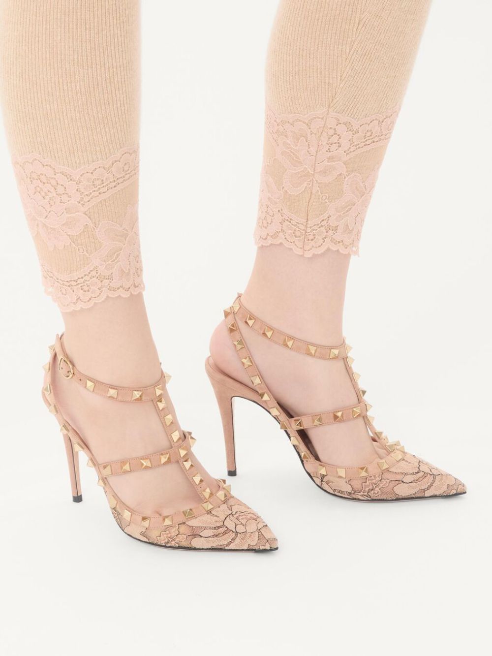 Valentino Garavani Rockstud Lace Pump With Straps 100Mm POWDER