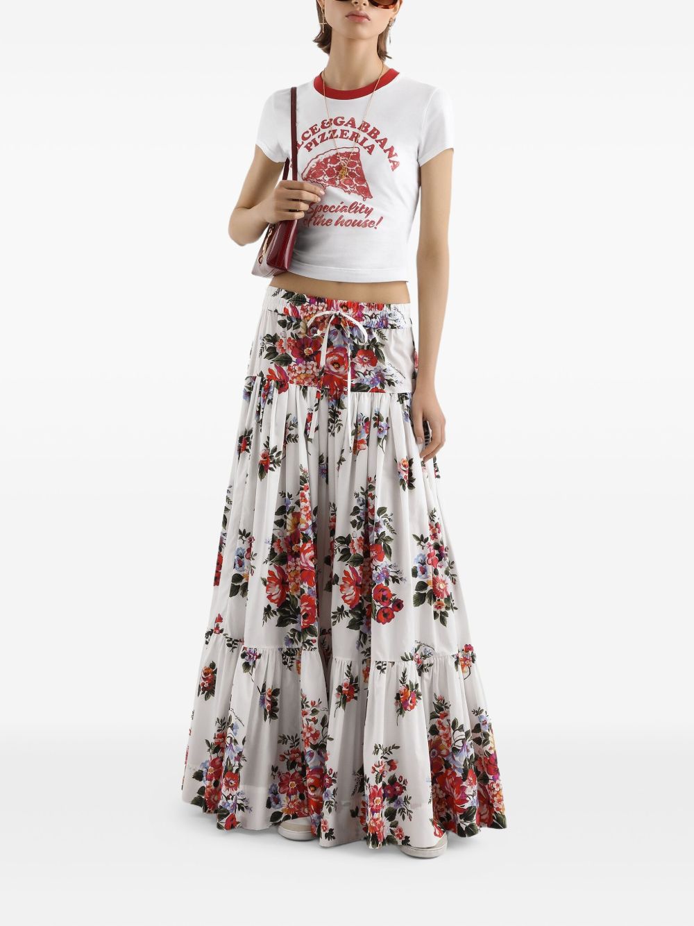 Dolce & Gabbana Floral Print Long Cotton Skirt White