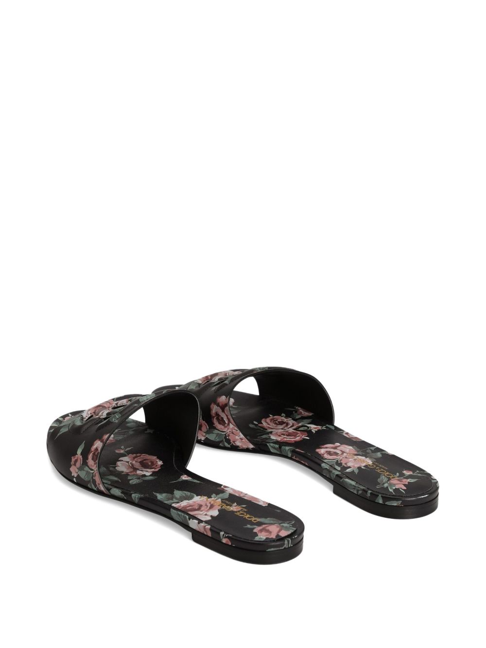 Dolce & Gabbana Floral Leather Flat Sandals Black