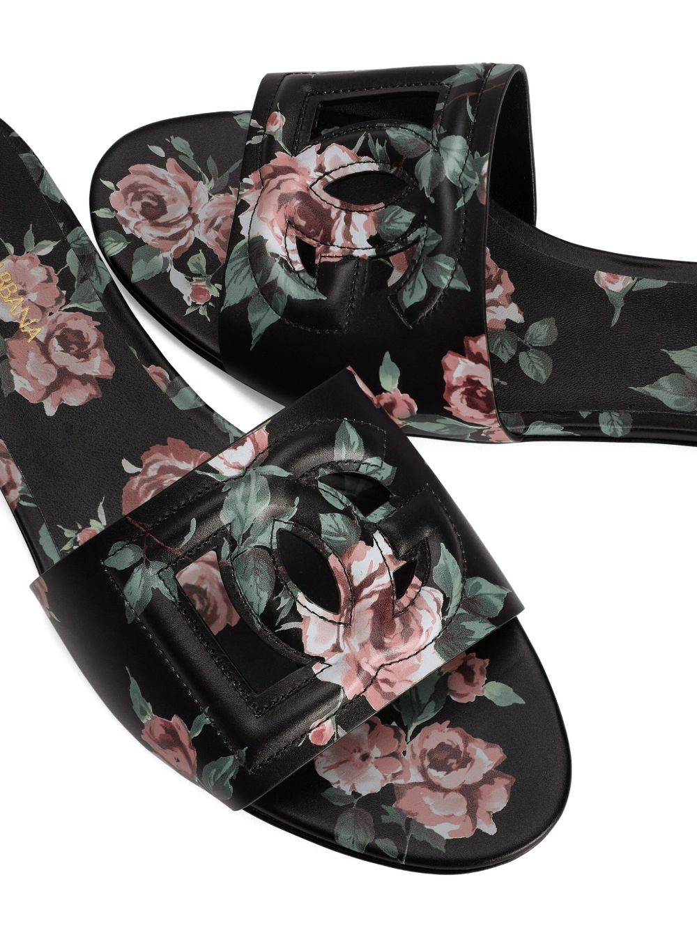 Dolce & Gabbana Floral Leather Flat Sandals Black