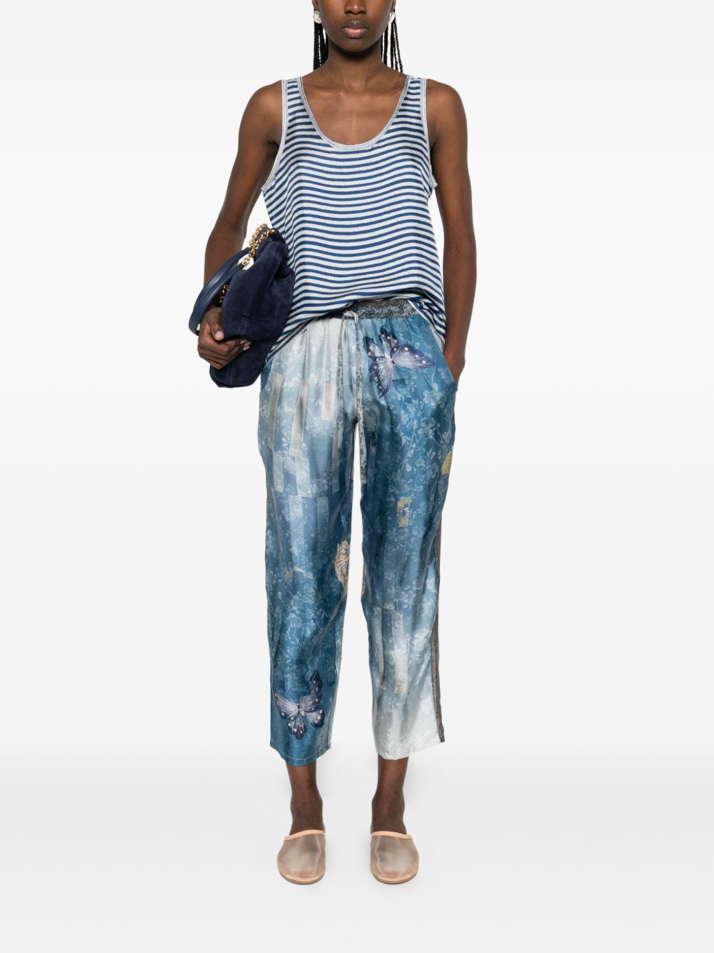 Pierre Louis Mascia Butterfly Floral Silk Trousers Clear Blue