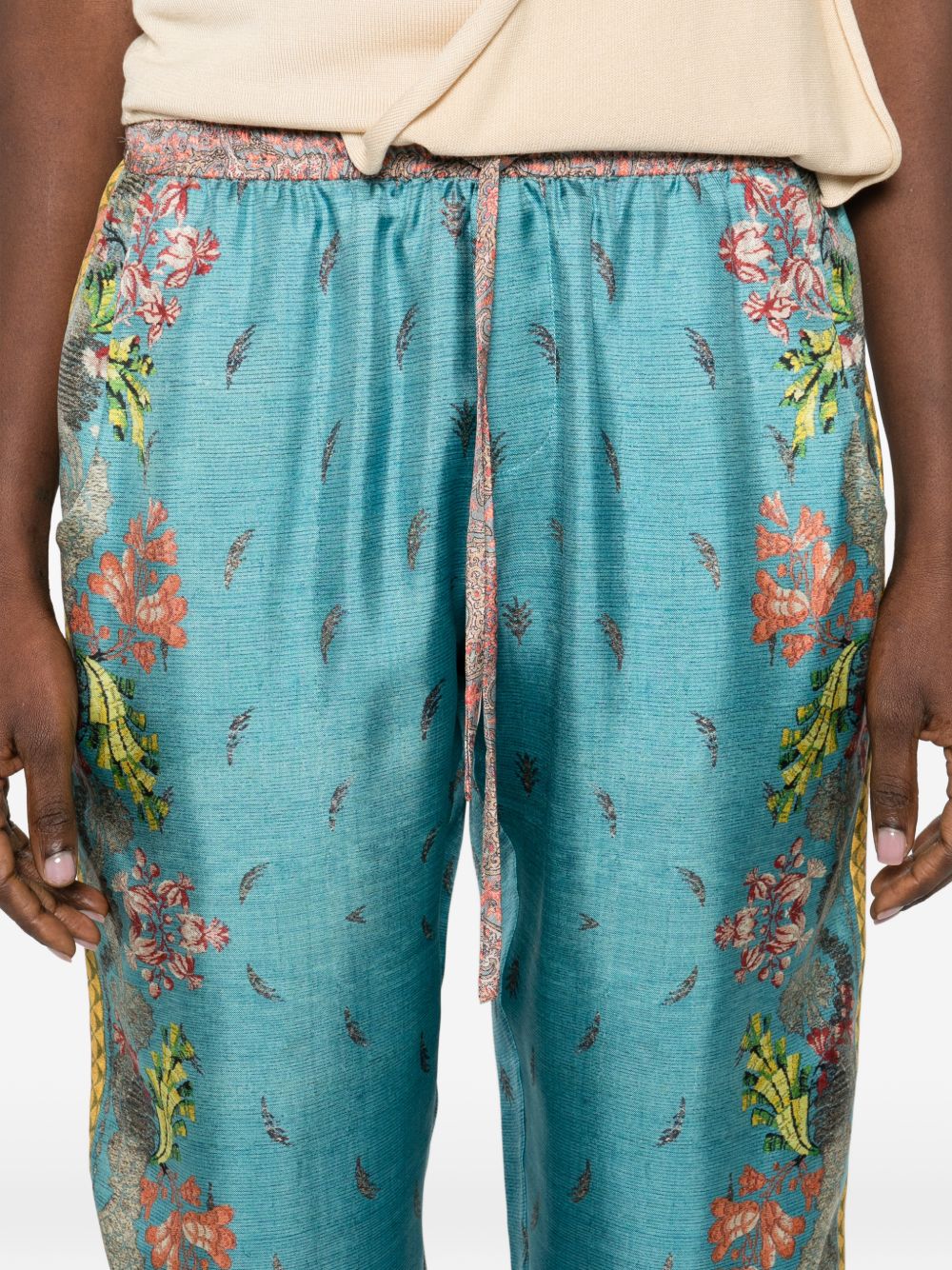 Pierre Louis Mascia Floral Silk Drawstring Trousers Clear Blue