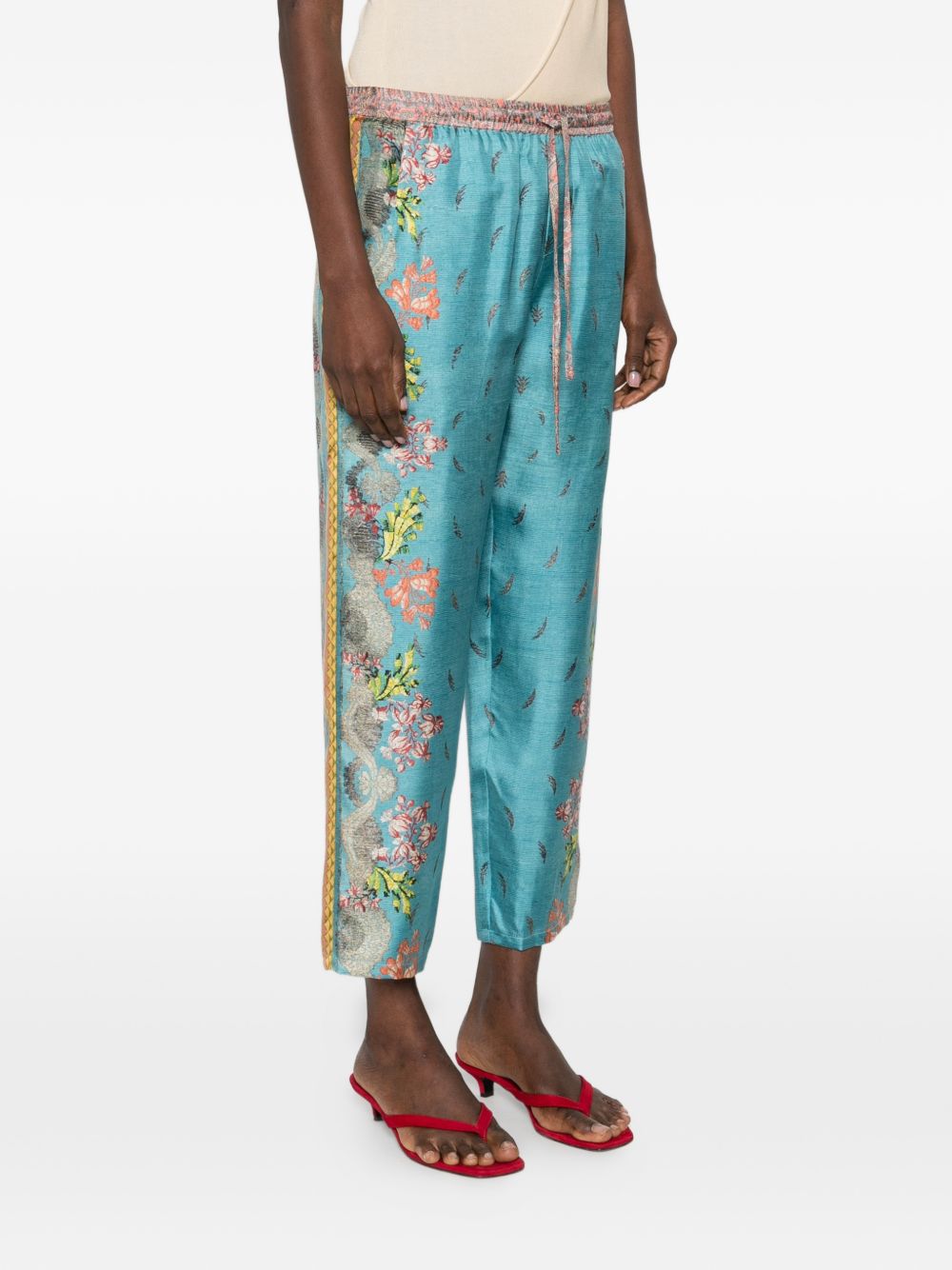 Pierre Louis Mascia Floral Silk Drawstring Trousers Clear Blue