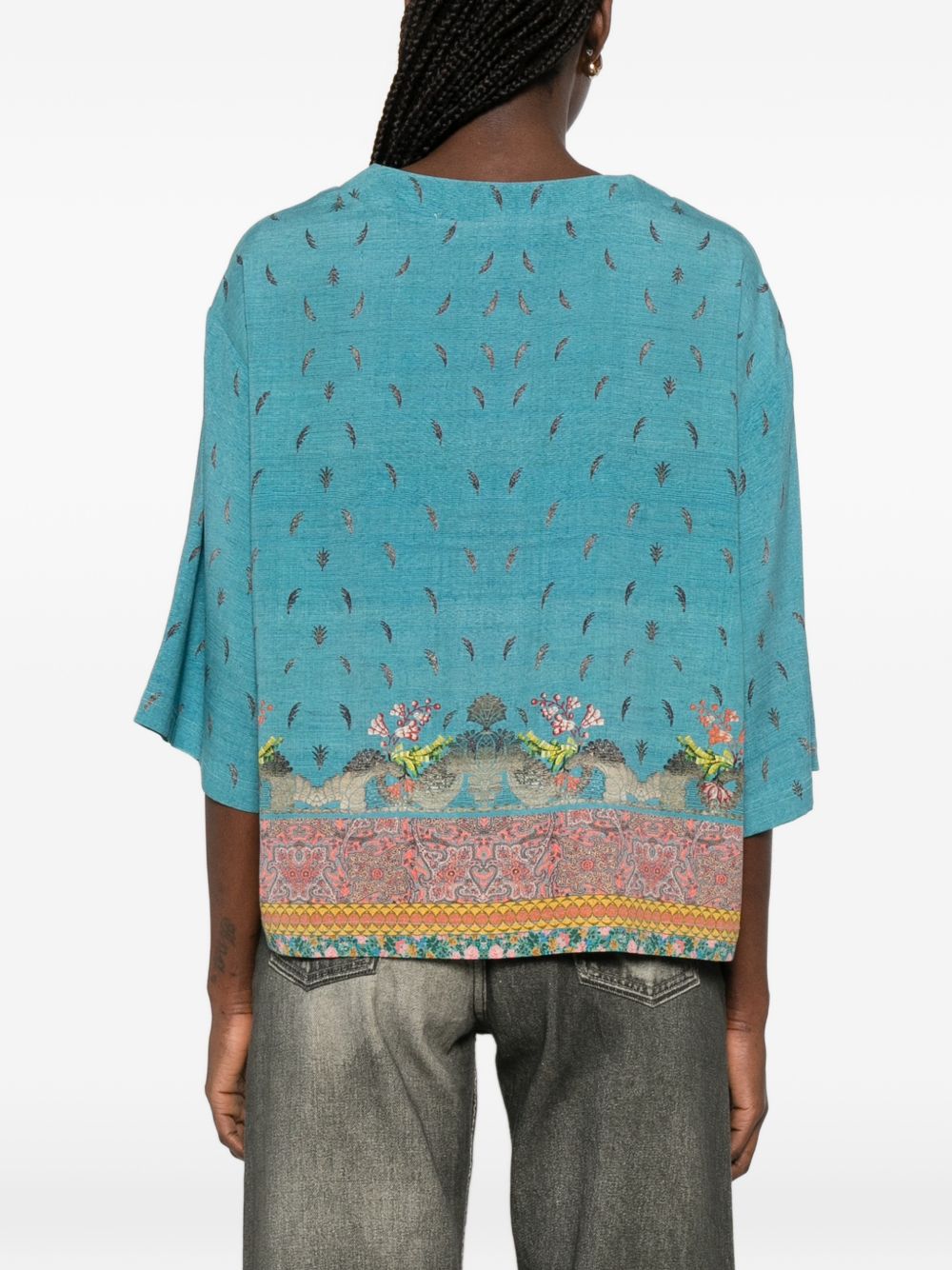 Pierre Louis Mascia Cropped Silk Floral Blouse Clear Blue