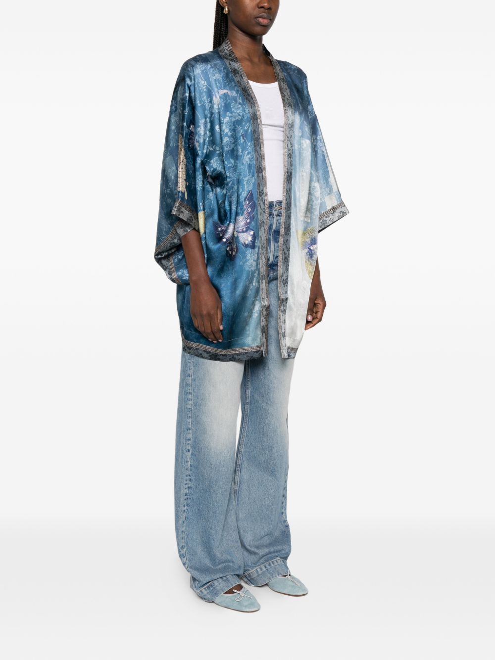 Pierre Louis Mascia Floral Silk Kimono Dress Clear Blue