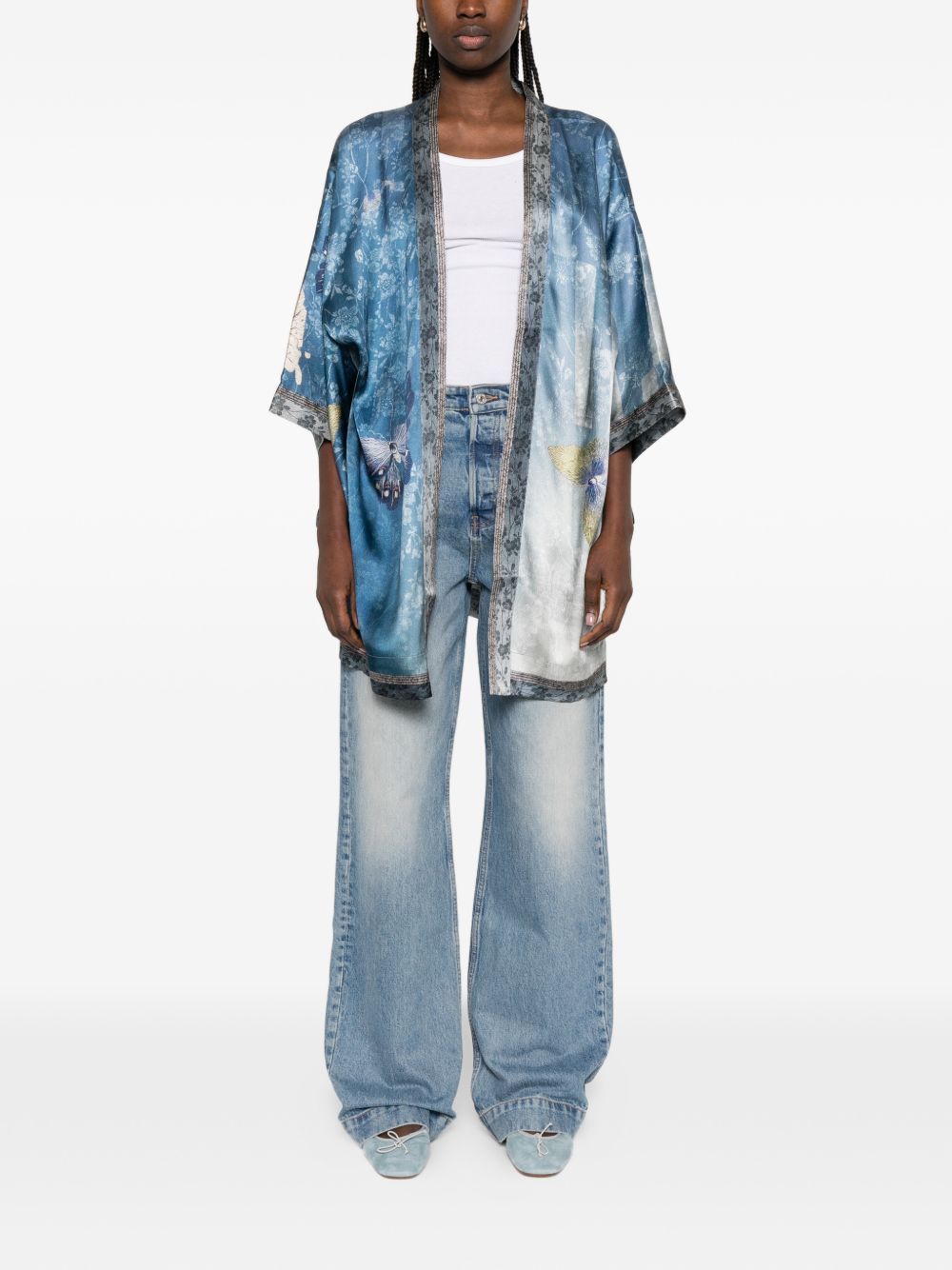 Pierre Louis Mascia Floral Silk Kimono Dress Clear Blue