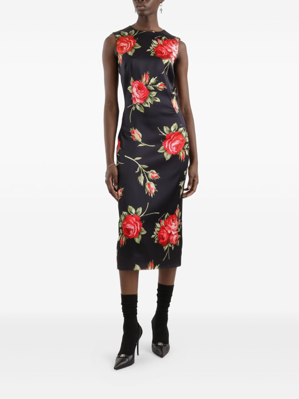 Dolce & Gabbana Roses Print Midi Dress Black