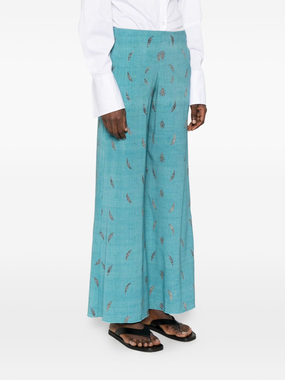 Pierre Louis Mascia Printed Silk Wide Trousers Clear Blue