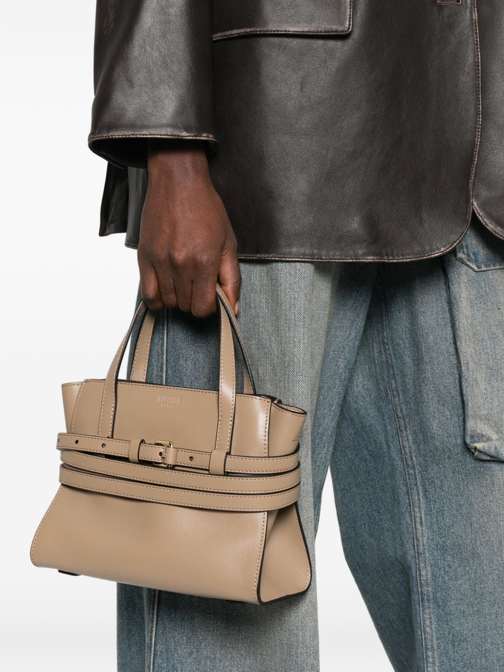 Moschino Tie Me Small Leather Handbag Beige