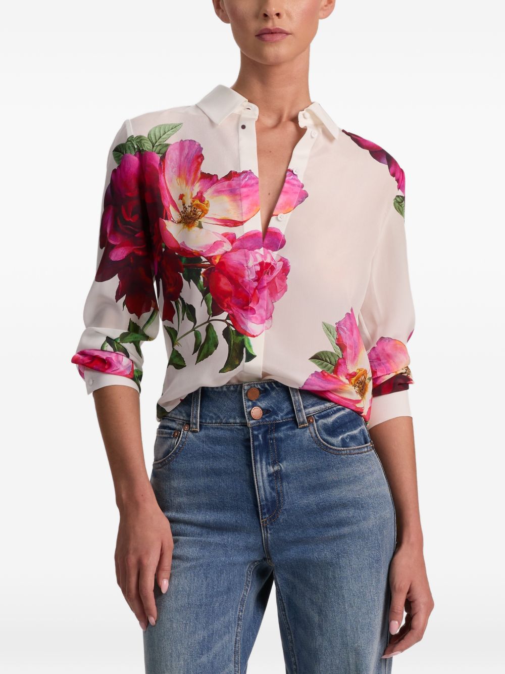 Alice + Olivia Floral Silk Buttoned Shirt White