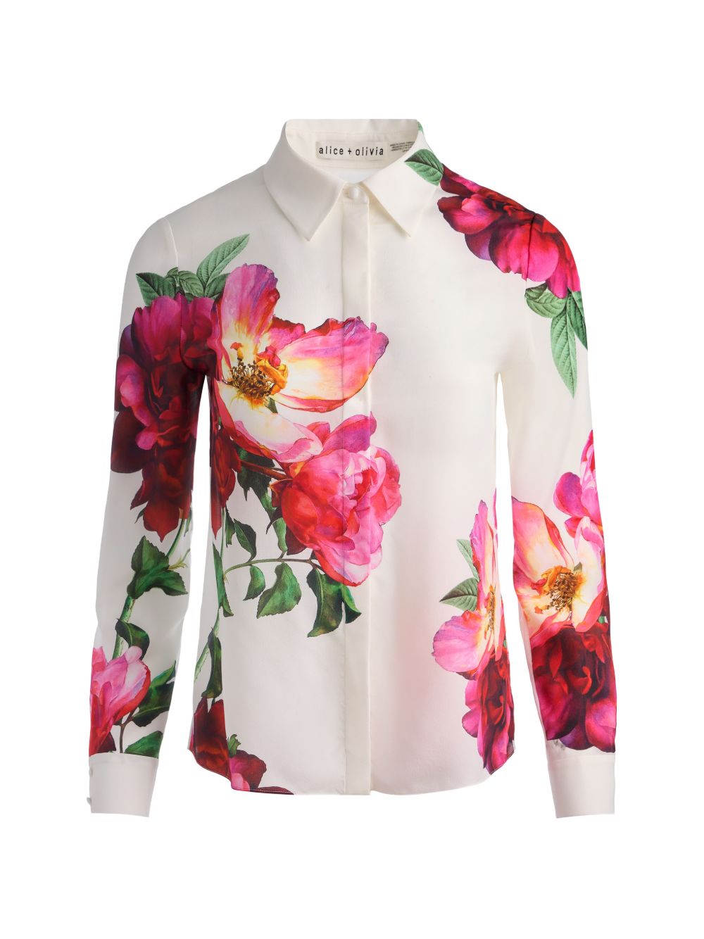 Alice + Olivia Floral Silk Buttoned Shirt White