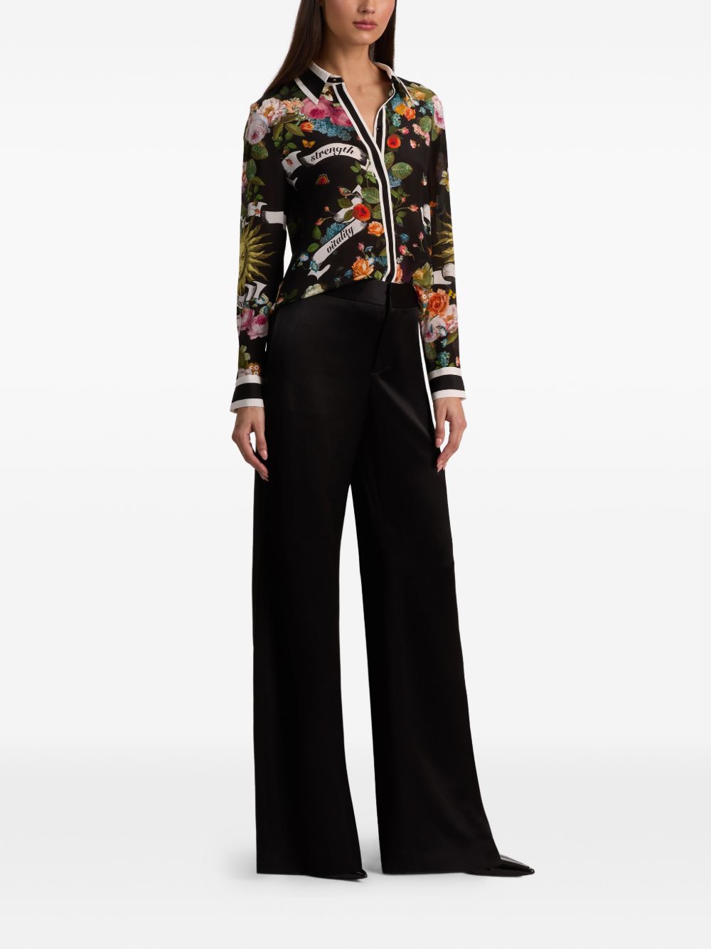 Alice + Olivia Floral Silk Printed Shirt Black