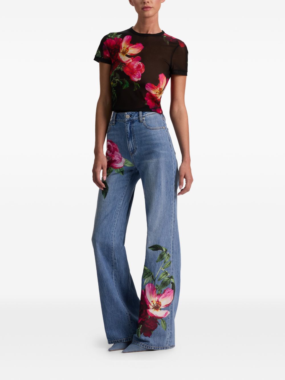 Alice + Olivia Embroidered Floral Denim Jeans Clear Blue