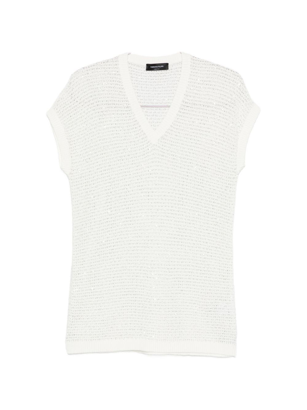Fabiana Filippi V-neck short sleeves sequin embellishments Openwork top WHITE