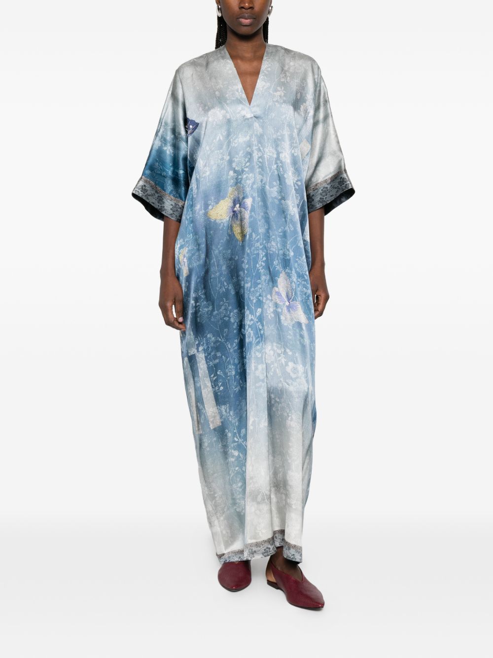 Pierre Louis Mascia V-neck, short sleeves, printed Pritned silk dress LIGHT BLUE
