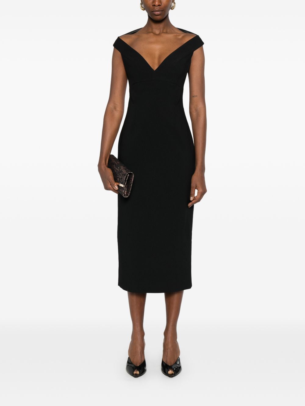 Solace London V-neck zip fastening Monica midi dress BLACK