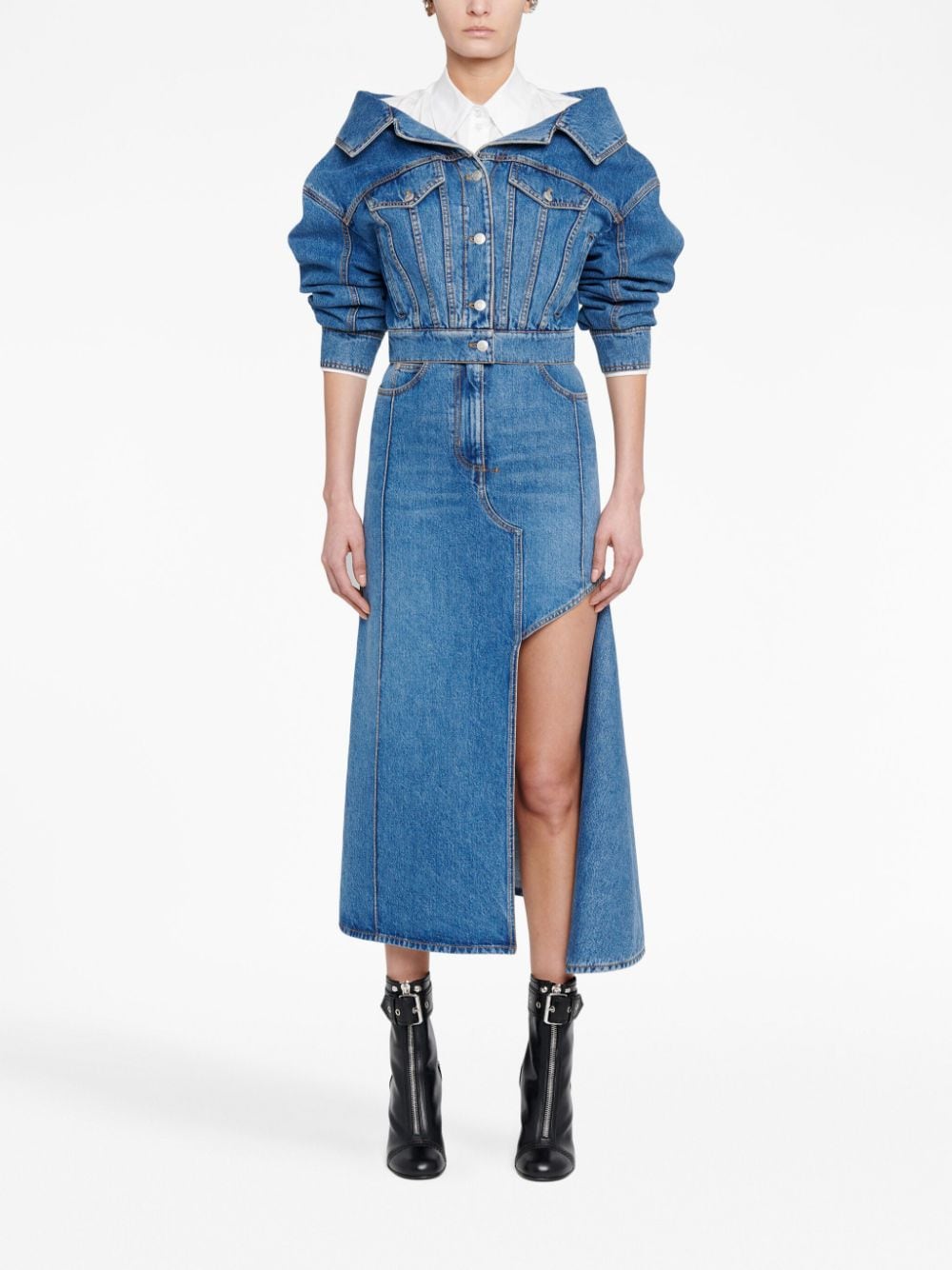 Alexander McQueen Denim Midi Skirt with Slashed Detailing Blue