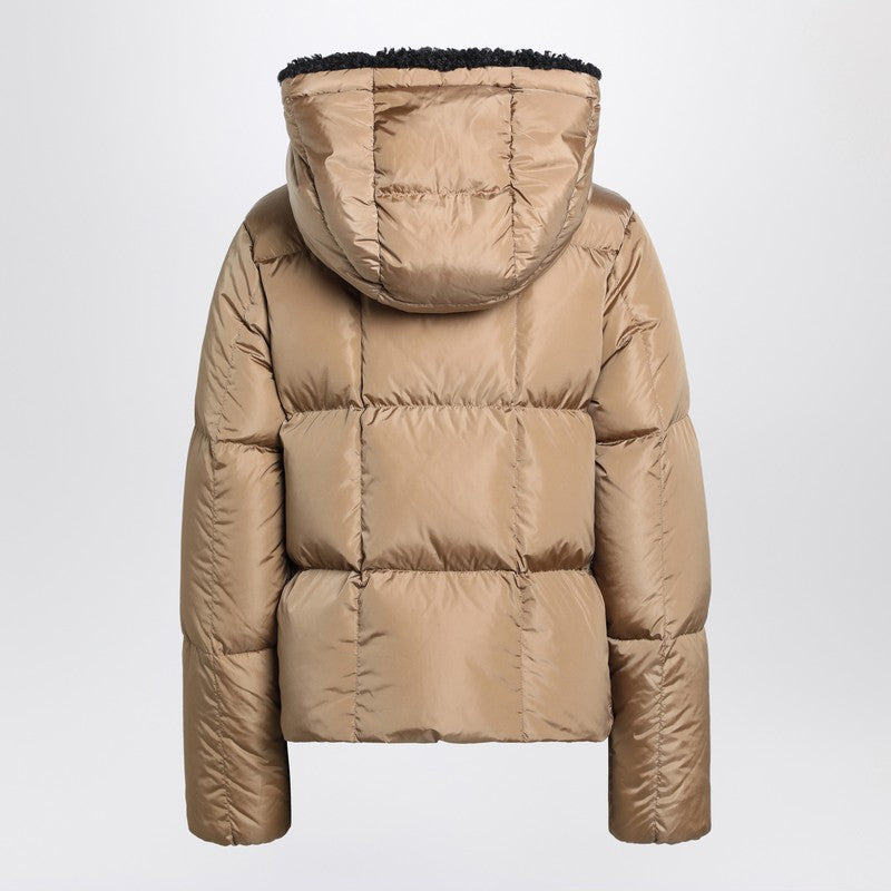 Moncler Beige Hooded Quilted Puffer Jacket with Shearling-Lined Removable Hood Beige