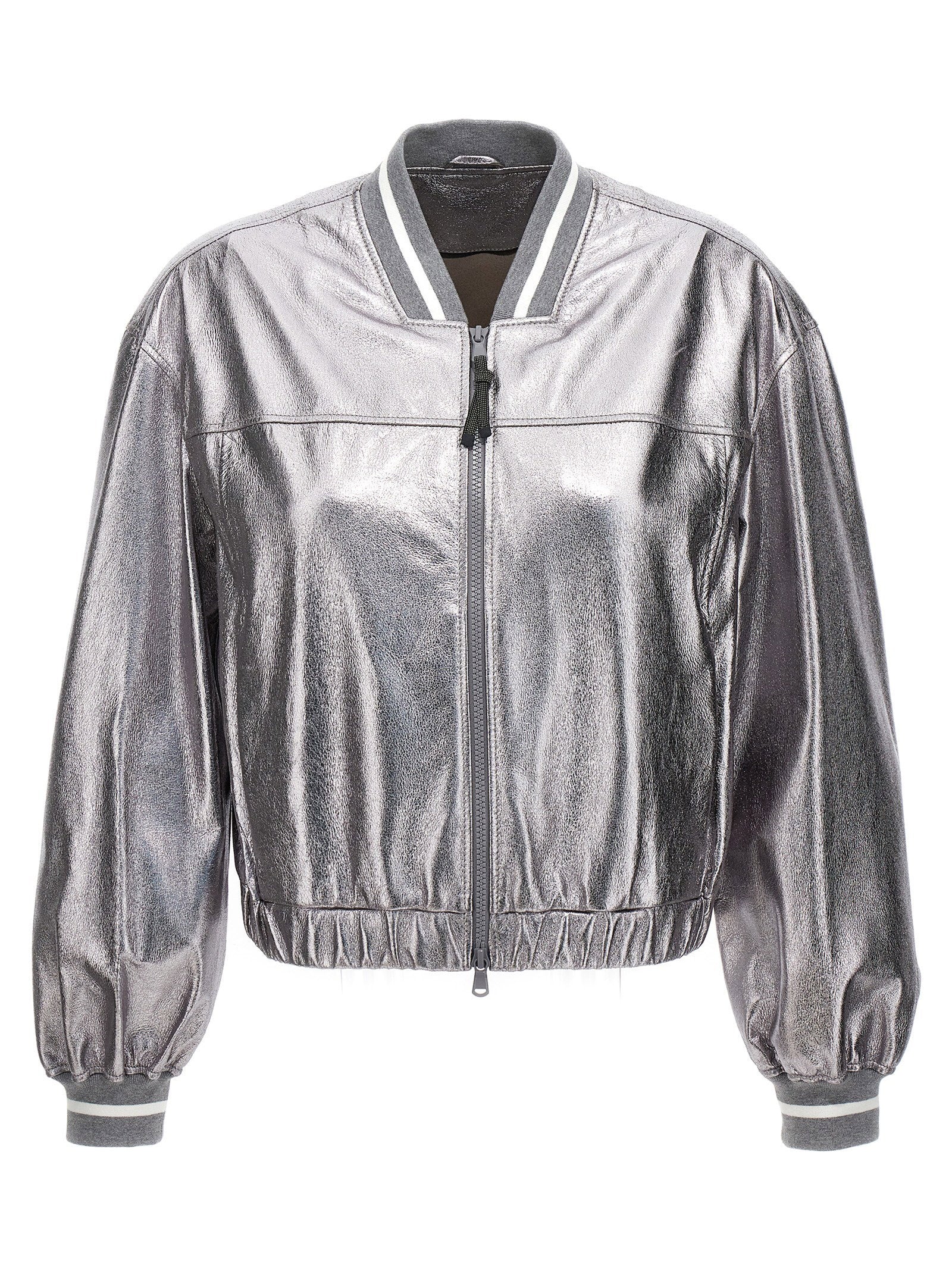 Brunello Cucinelli Laminated Leather Bomber Jacket Silver