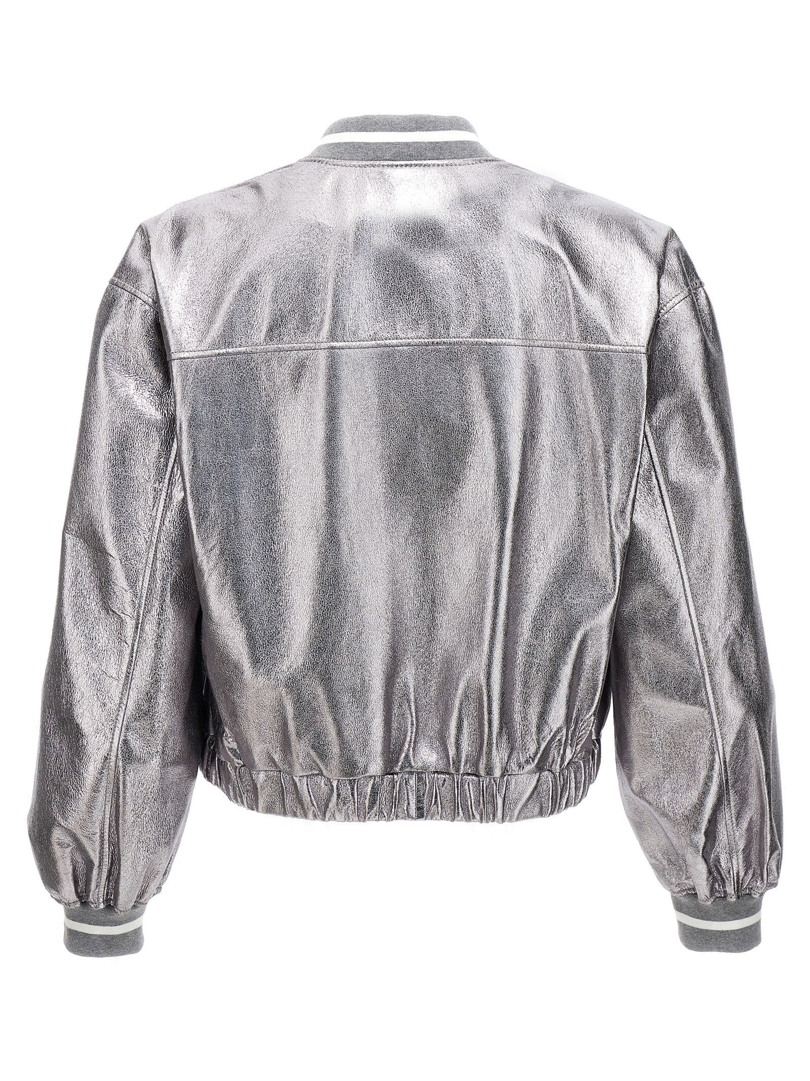 Brunello Cucinelli Laminated Leather Bomber Jacket Silver