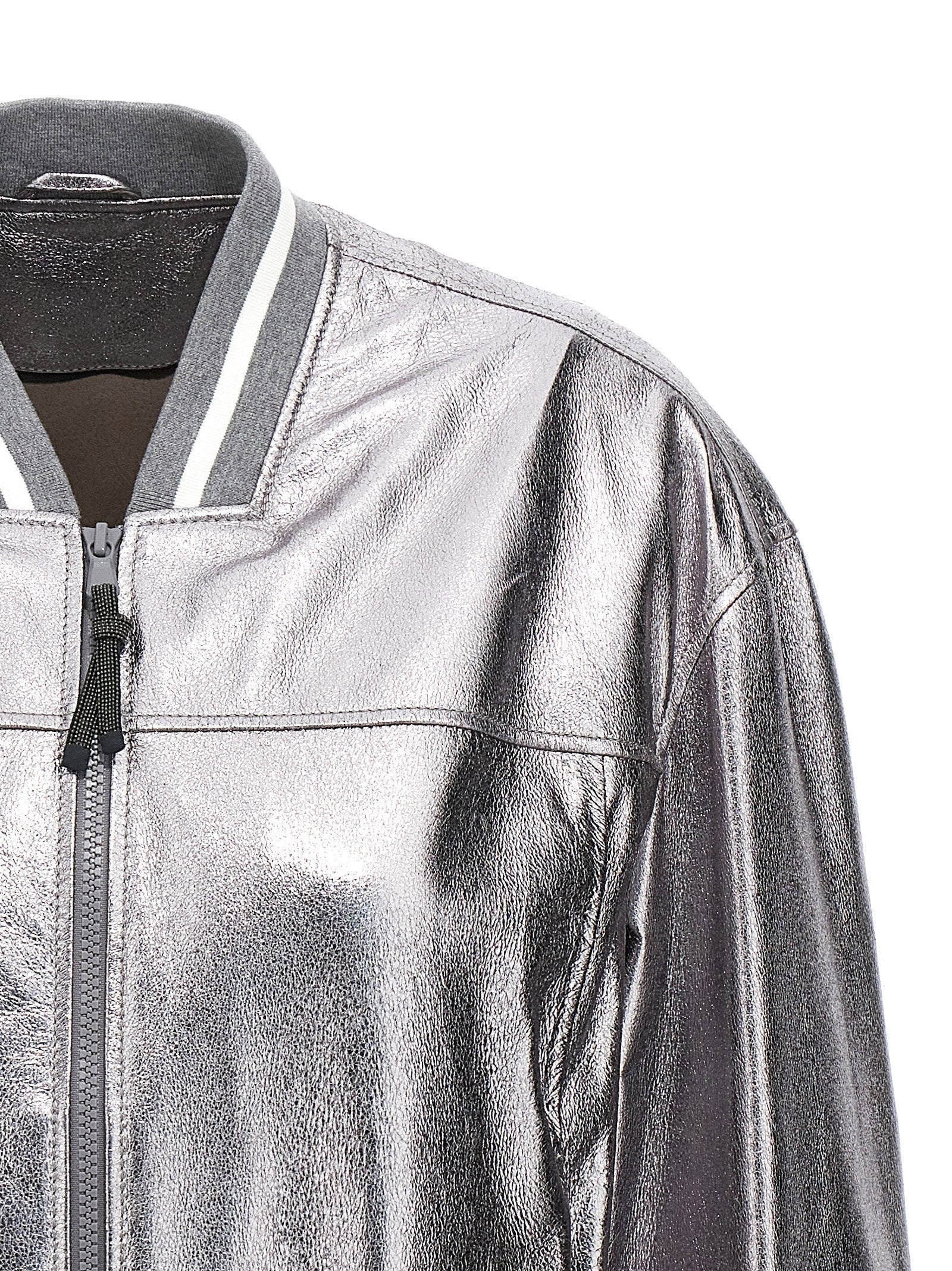 Brunello Cucinelli Laminated Leather Bomber Jacket Silver