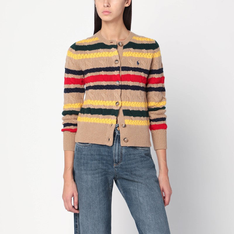 Polo Ralph Lauren Cable-Knit Wool and Cashmere Striped Cardigan Pink